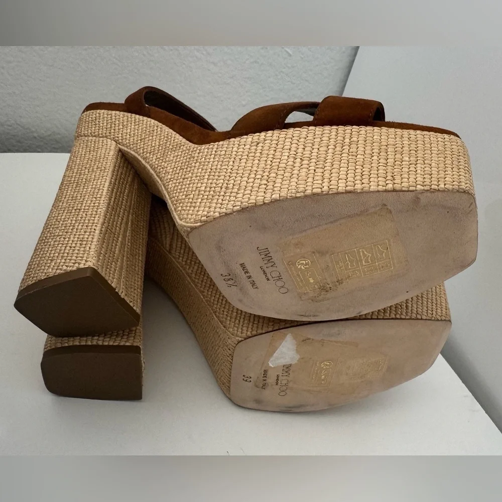 NWT JIMMY CHOO SUEDE GAIA PLATFORM SANDALS WITH RAFIA HEEL 14CM